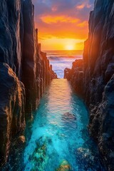 Coastal Majesty: A breathtaking view of a serene channel of crystal-clear water flowing towards the radiant, golden sunset, with towering cliffs.