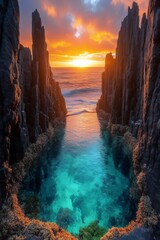 Ocean Gorge at Sunset: Captivating view of a narrow ocean gorge with crystal clear water leading to the open ocean. The scene is bathed in the warm, golden hues of the sunset