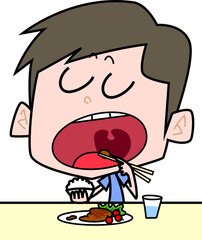 大きく口を開けて食べる男性