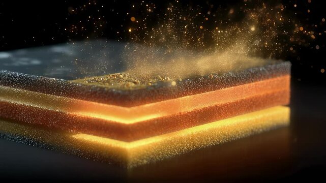 Golden particles illuminating a cross sectional view of a bismuth telluride microcooler, highlighting the material layers and emphasizing its thermal efficiency