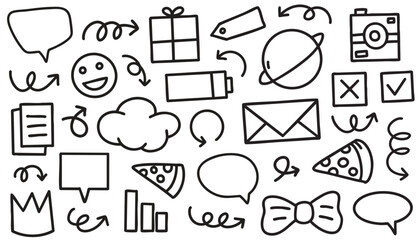 Line marker hand drawn brush element set. Sketch pencil stroke vector graphic pen underline scribble icon. Hand drawn line heart, arrow, emoji, bubble, crown, icon, symbol shape. Vector illustration