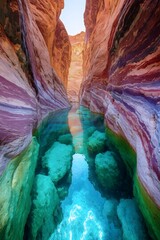 Hidden Gem in Canyon: The mesmerizing water reflecting the towering, vibrantly colored canyon walls. A place where nature's artistry comes alive, inviting contemplation and exploration.
