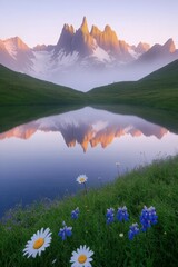 Mountain Lake Reflection: A serene mountain lake mirrors the majestic peaks at sunrise, creating a breathtaking reflection. Wildflowers in the foreground add a touch of vibrancy to the tranquil scene.
