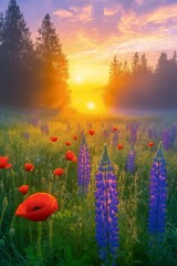 Sunrise Meadow: Poppies and Lupines bathed in golden sunrise light. A vibrant meadow filled with red poppies and purple lupines at dawn. The sun's rays pierce through the morning mist. 