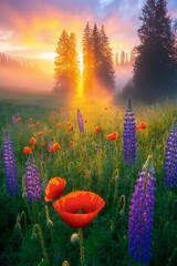 Floral Dawn: A breathtaking dawn scene in a meadow, with vibrant red poppies and majestic purple lupines in full bloom. The sunlight breaks through the misty air, creating an ethereal atmosphere.