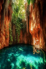 Cenote Serenity: Explore the magical beauty of a natural sinkhole, its turquoise water inviting contemplation amidst the warm embrace of towering rock formations.