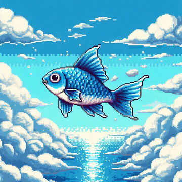 Minimal pixel fish swimming through clouds	