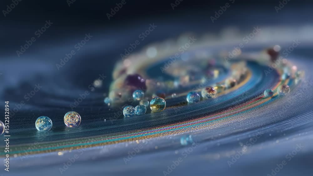 Poster dynamic iridescent seed droplets spiraling across textured surface, generating mesmerizing gradient 