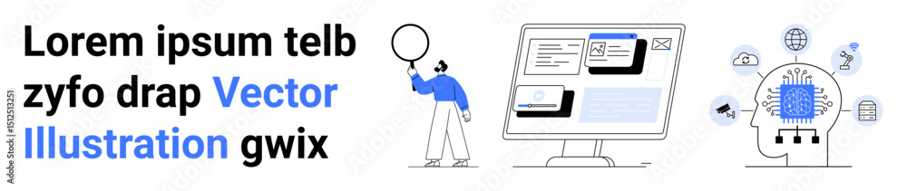 Poster user analyzing interface on computer monitor, ai head with neural connections, and abstract communic