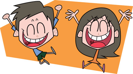 腕を上に上げて満面の笑顔の男女