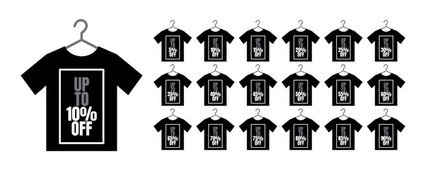 Vector illustration of black t-shirts on hangers with "Up to X% OFF" discount signs, ranging from 5% to 90%, representing a progressive sale or promotion concept.