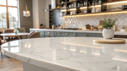 Close-up of a high-gloss marble countertop in a contemporary kitchen.