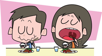 もぐもぐと食事をする男女