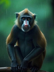Obraz premium A mandrill monkey with a white beard and a colorful face sitting in a rainy jungle with green foliage in the background