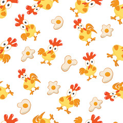 colorful hens and cockerels with fried eggs on a white background, seamless pattern