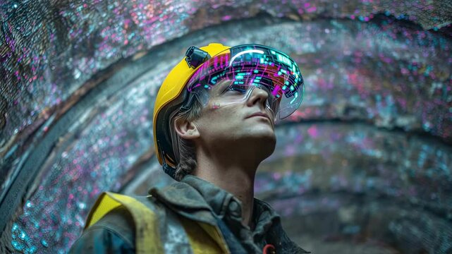 Construction worker wearing augmented reality visor and hardhat examines concrete wall inside a tunnel, evaluating structural integrity using futuristic technology