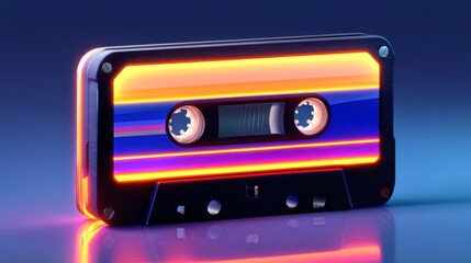 Obraz premium Glowing Cassette Tape Illuminated by Vibrant 80s Neon Colors Against a Blue Background