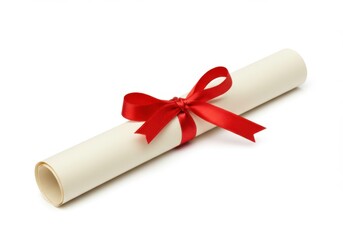 Rolled diploma with red ribbon isolated on white background