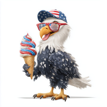 Cheerful Bald Eagle Eating Red, White, and Blue Ice Cream &ndash; Patriotic Illustration on White Background