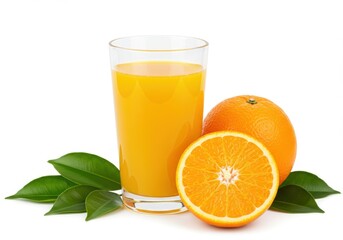Glass of orange juice with oranges and leaves isolated on white background
