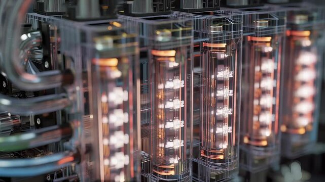 Complex network of tubes transporting hydrogen and oxygen illuminates an electrolyzer chamber within a transparent hydrogen fuel cell stack, showcasing advanced energy technology