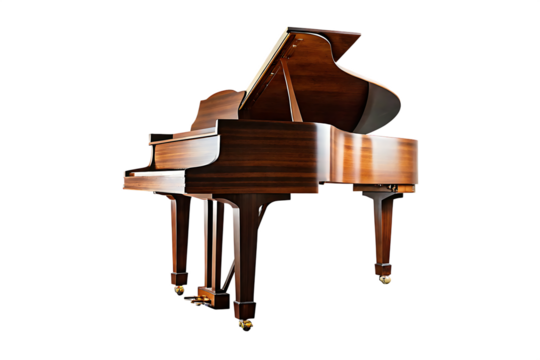 Grand piano mahogany wood finish isolated on a white background