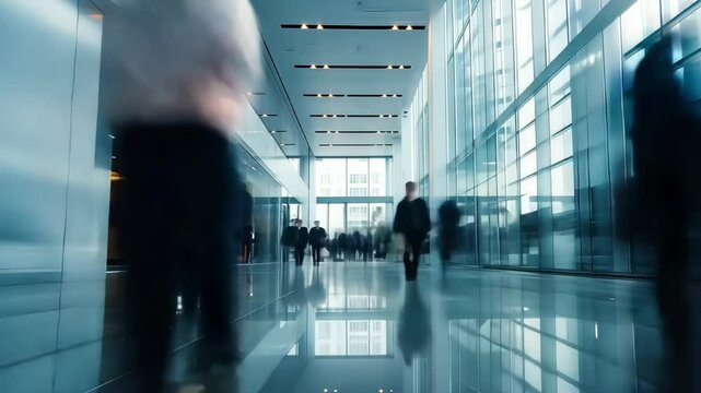 Timelapse of a people move through a modern glass office lobby on a busy workday.