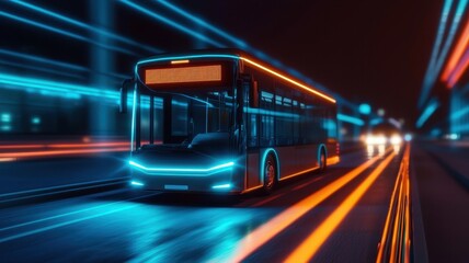 A futuristic bus in motion with neon lights illuminating the scene.