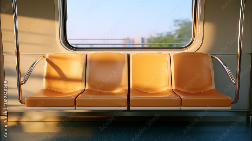 Poster pair of empty train seats facing each other under sunlight with a blurred view outside window