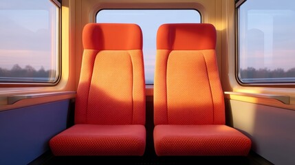 Obraz premium Pair of Empty Red Train Seats Facing Each Other Under Soft Morning Light