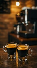 Double Espresso with Crema in White Demitasse Cup on Rustic Café Table

