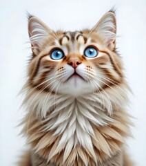 Fluffy cat with blue eyes looking up on white background