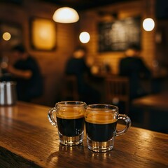 Double Espresso with Crema in White Demitasse Cup on Rustic Café Table

