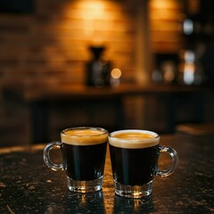Double Espresso with Crema in White Demitasse Cup on Rustic Café Table

