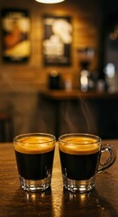 Double Espresso with Crema in White Demitasse Cup on Rustic Café Table

