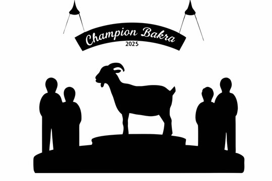 Silhouette of a champion bakra goat standing on a podium, isolated on white background