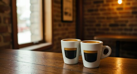 Double Espresso with Crema in White Demitasse Cup on Rustic Café Table

