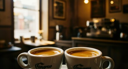 Double Espresso with Crema in White Demitasse Cup on Rustic Café Table


