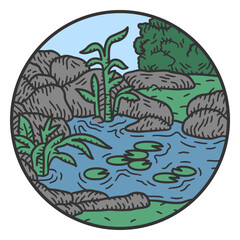 Fototapeta premium Rocks and pond color stroke landscape