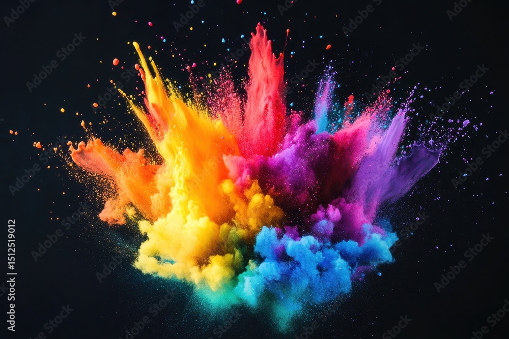 Poster Vibrant color explosion with dynamic paint splashes creating a mesmerizing visual display of hues and contrasts in a night setting