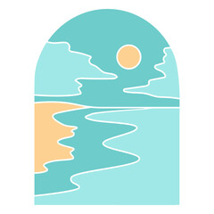 Illustration of a beach scene with a sun and waves