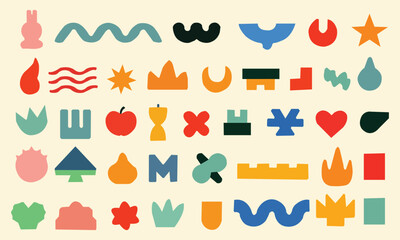 Vector illustration. Set of contemporary pastel color ornaments and geometry figures in drawn cartoon art style against yellow background. Modern icons and graphics. Minimalist