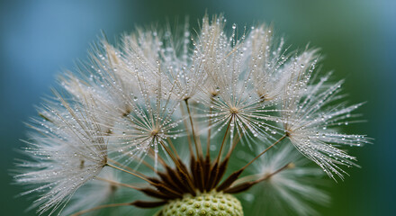 Close-up of Dew-Covered Dandelion Seed Head Nature's Delicate Beauty