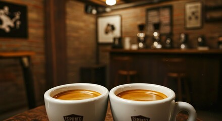 Double Espresso with Crema in White Demitasse Cup on Rustic Café Table

