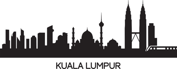 Fototapeta premium Detailed Silhouette Illustration of Kuala Lumpur Malaysia Skyline on a Solid Black Background