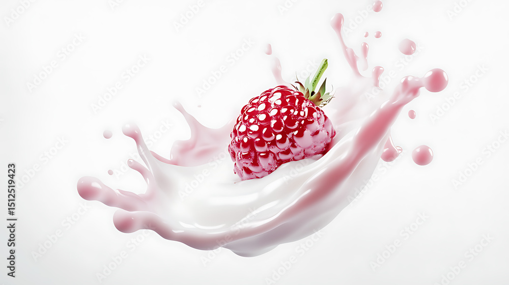 Poster raspberry splash: a vibrant, juicy raspberry plunges into creamy liquid, creating a dynamic splash a