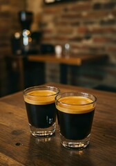 Double Espresso with Crema in White Demitasse Cup on Rustic Café Table

