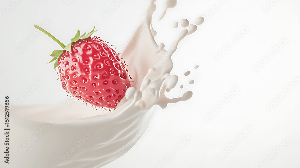 Poster strawberry splash: a vibrant strawberry plunges into a swirling vortex of smooth, creamy liquid, cre