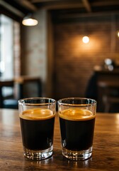 Double Espresso with Crema in White Demitasse Cup on Rustic Café Table

