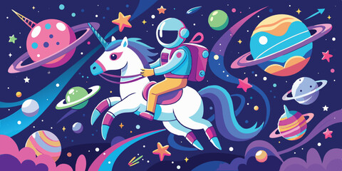 Fototapeta premium Astronaut riding a unicorn through space